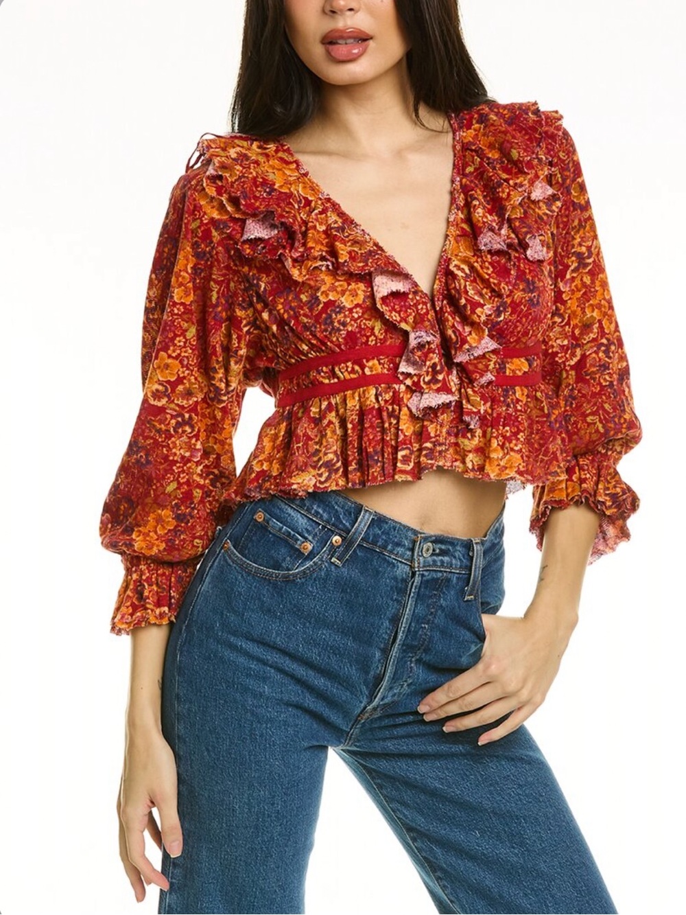 Free People Red and Orange Floral Ruffle Crop Top